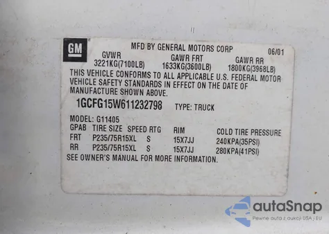 2001 Chevrolet Express из США, поврежденный, VIN 1GCFG15W611232798